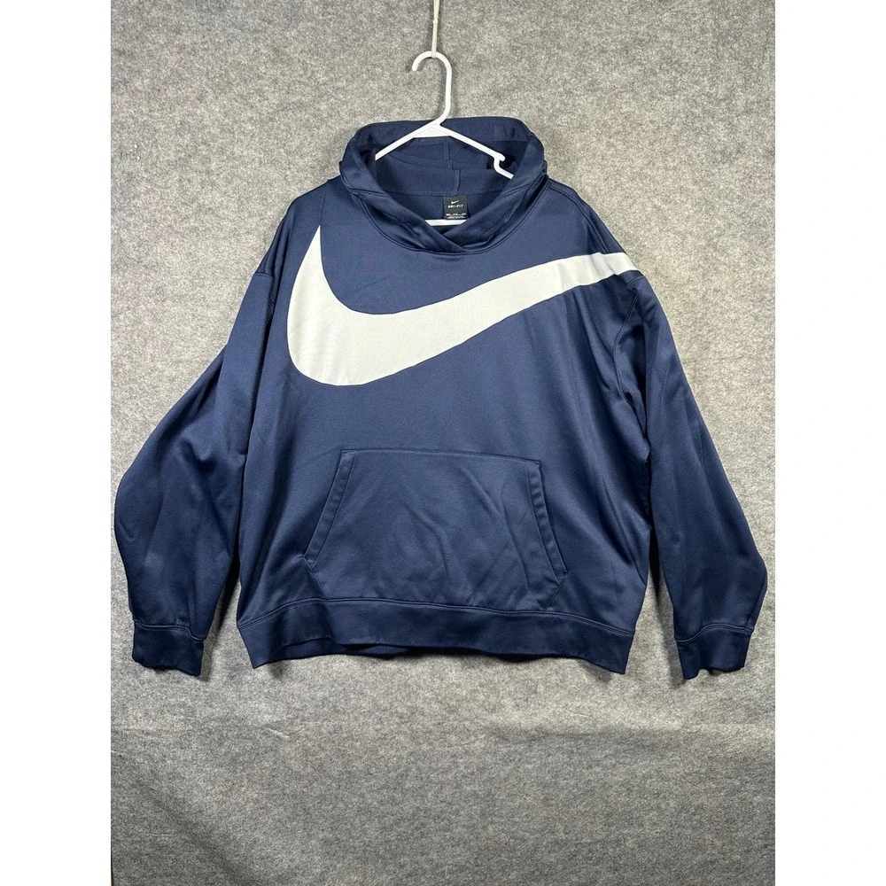 Nike Dri-FIT Hoodie Pullover Sweatshirt XXL 2XL Big Swoosh Navy Blue‎ Athletic